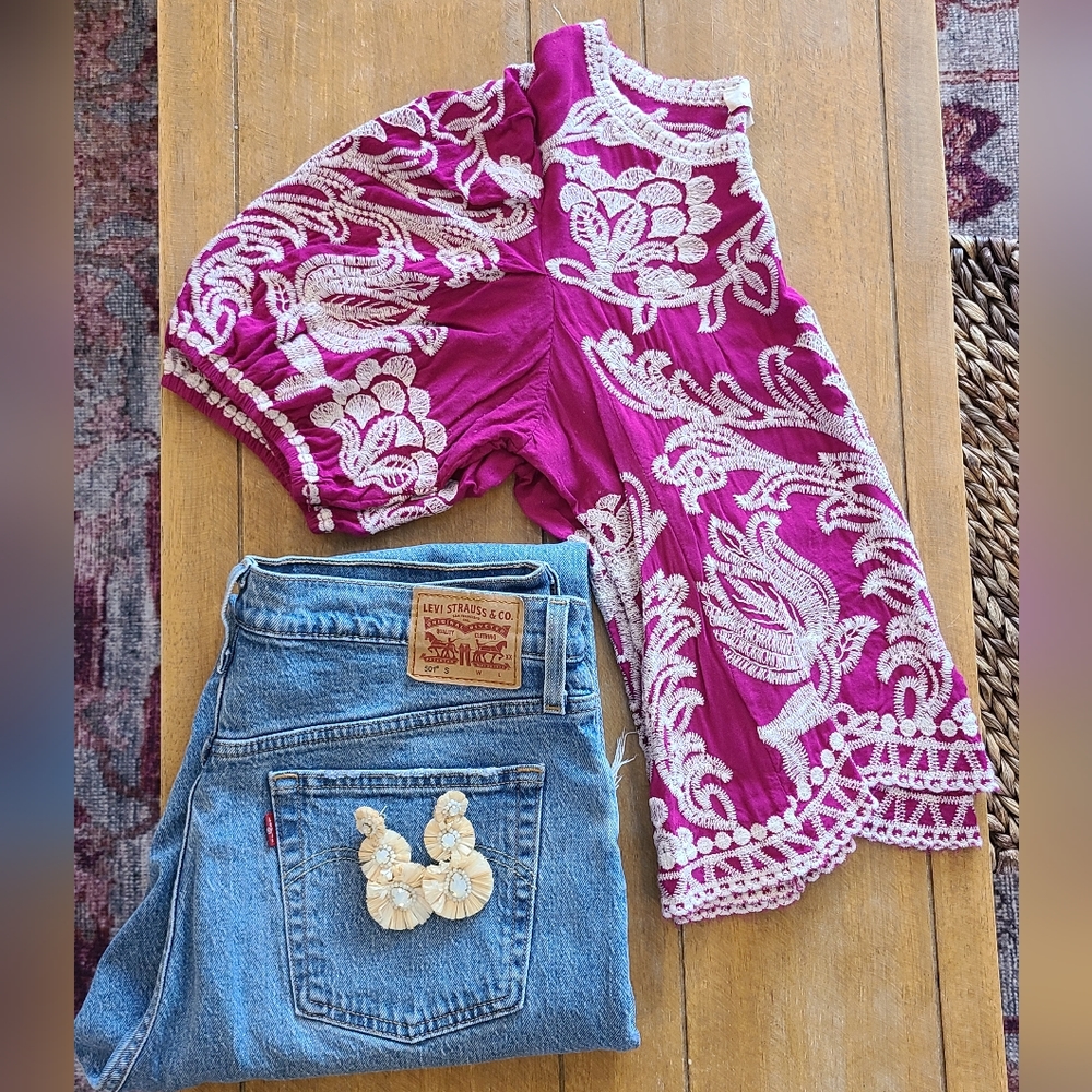Fuchsia embroidered puff sleeve blouse